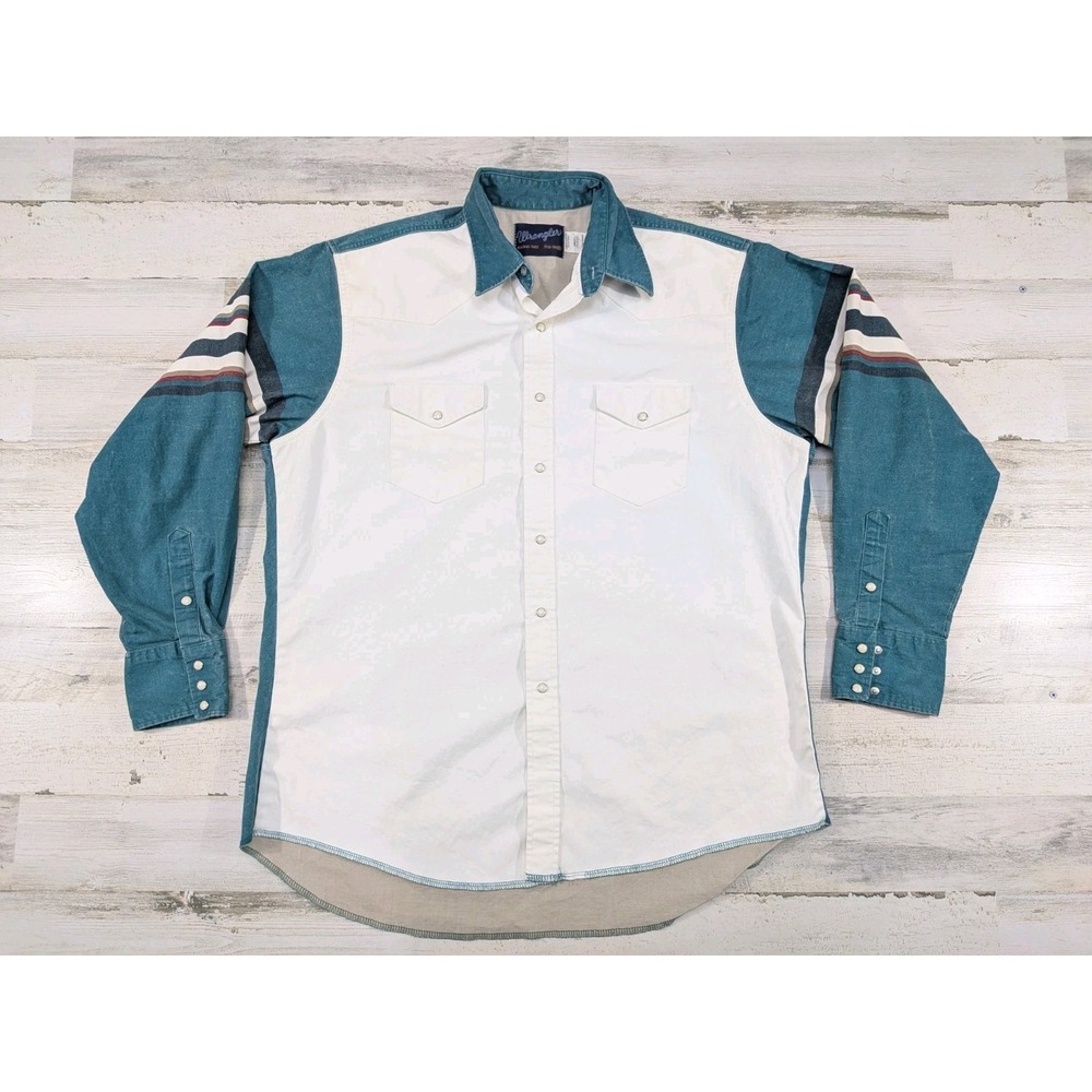 Vintage Wrangler Brushpopper Shirt Mens XL Pearl Snap Colorblock Western Teal